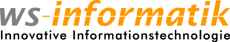 Zu sehen ist das Logo von WS-Informatik: ein Schriftzug in mehreren Farben. "WS" ist grau gefärbt. "-informatik" ist orange gefärbt. Darunter steht in Schwarz "Innovative Informationstechnologie"